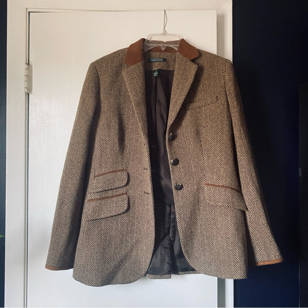 Brand New Never Worn Lauren Ralph Lauren Houndstooth Blazer With Suede Details